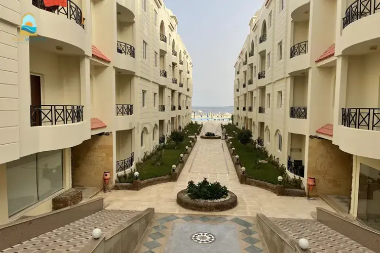 A Stunning One-bedroom Apartment with Sea and Pool Views For Rent at Palm Beach Piazza, Hurghada